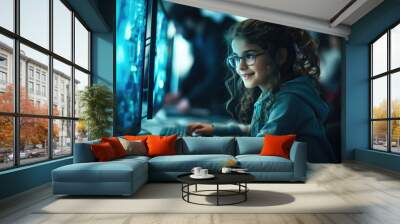 Little girl near a large computer monitor, concept of studying or working online Wall mural