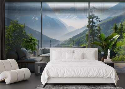 Living room with grey blind shade curtain forest mountains and foliage backdrop Wall mural