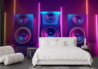 Loudspeakers with neon lights music party concept purple background Wall mural