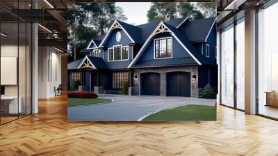 Luxurious new construction home, modern style home two car garage, blue siding natural stone wall, generative ai Wall mural