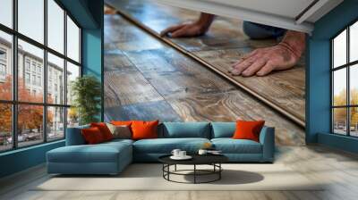 Man's hands install laminate floor Wall mural