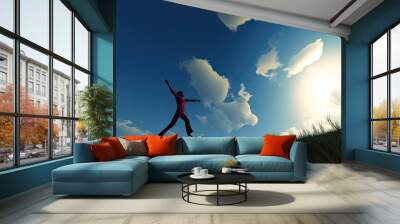 man jumping in a field, blue sky and clouds in the background, happy to be alive! AI Wall mural