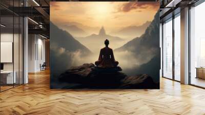 meditating monk sits on a mountain near a misty valley Wall mural