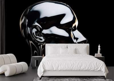 Melted liquid chrome  side head profile of a female robot over black background Wall mural