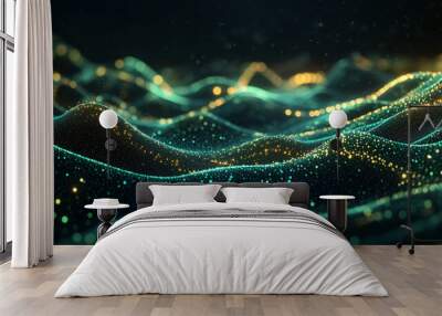 Mesmerizing abstract background with flowing particles in gold, turquoise, blue, and green hues. Futuristic glowing light waves for digital concepts. Perfect for artistic projects Wall mural