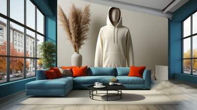 Minimalistic Cream Hoodie Mock-Up on Mannequin in Serene Neutral Setting Wall mural