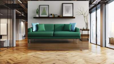 modern interior, green sofa, frames table on wood floor Wall mural