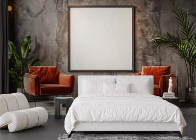 Modern interior design featuring two velvet armchairs and a blank frame on a concrete wall, creating a stylish and inviting atmosphere Wall mural