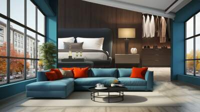 Modern luxury bedroom with dark wood walk in closet closeup Wall mural