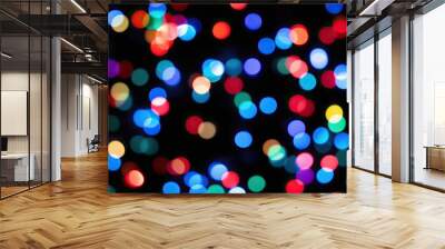 Multicolor Blurry Bokeh Lights with Rainbow Confetti on Dark Background Wall mural