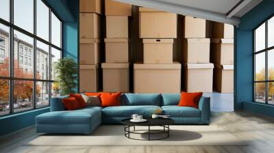 Neatly Stacked Cardboard Boxes for Moving and Storage Organization Wall mural