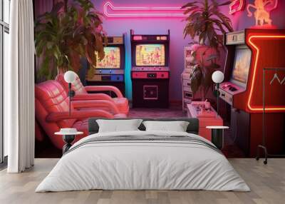 Neon Signs and Classic Arcade Games: Retro 80s Inspired Living Room Ideas Wall mural