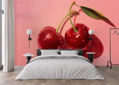 oil painting of two cherries that are disco balls mosaic art, on a pastel light red background. Wall mural