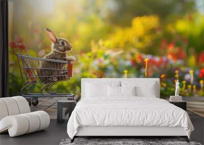 On a wooden floor a shopping cart with a rabbit and a landscape backdrop Wall mural