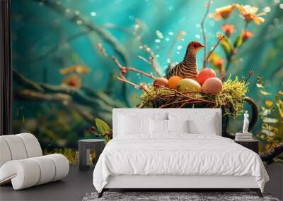 On an underwater land a quail nest with plants and colorful eggs in a mug Wall mural