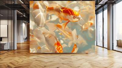 orange and white spotted koi fish swimming in clear water with rays of light, calming and peaceful background. Wall mural