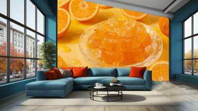 Orange jelly on a clear white dish with citrus slices on a yellow oak setting Wall mural