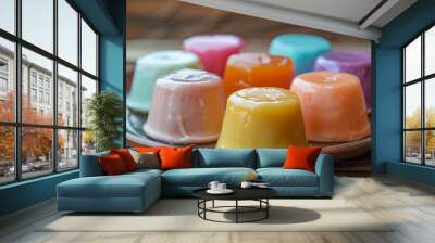 Organized snack of colored pudding on a brown plate Wall mural