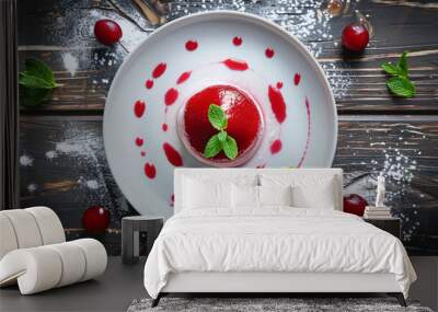 Panna cotta dessert with cherry sauce and mint leaves on a rustic wooden table Wall mural