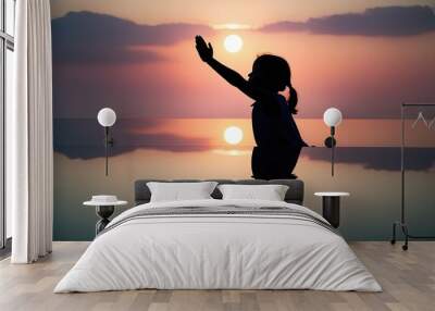 Peaceful Dawn Prayer Reflection of Young Girl Silhouette Wall mural