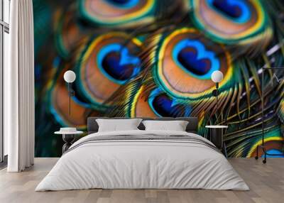 Peacock feathers showing iridescent green and blue colors Wall mural