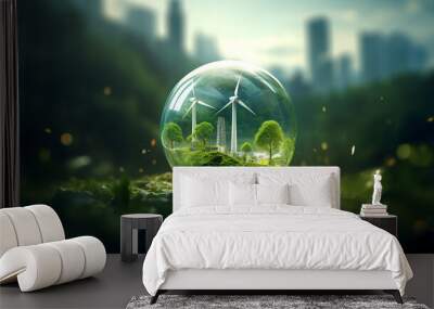 Glass ball filled with wind power plants in green environment and clean energy Wall mural