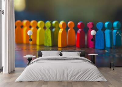 Small wooden figurines in different colors on a table to simulate a crowd of people Wall mural