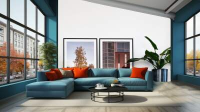 Two photo prints in black frames next to potted green plant on modern sideboard in contemporary home interior Wall mural