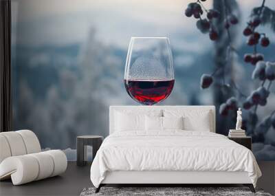 Wine glass filled with red wine placed in the snow outdoors during winter Wall mural