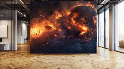 Planet's destruction unfolding amidst cosmic chaos and explosions Wall mural