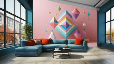 Playful Geometric Optical Illusion with Soft Pastel Background and 3D Design Wall mural