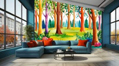 Playful Watercolor Forest Scene Illustration in a Colorful and Vibrant Style Wall mural