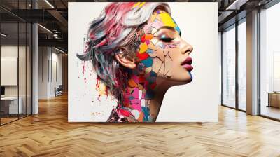 Pop collage Illustration of a beautiful female fashion model with colorful and vibrant patterns and shapes on her head, Fashion, pop art Wall mural