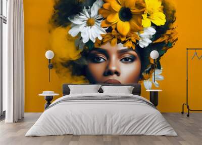 Pop collage Illustration of a beautiful female fashion model with sunflowers in her hair, colorful and vibrant floral Fashion, pop art Wall mural