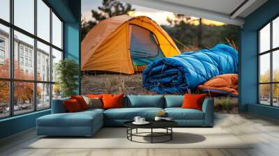 Prepared for a trek with a sleeping bag and camping tent Wall mural