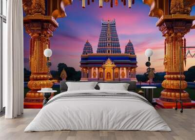 Puthandu Festival Wallpaper Hinduism Celebration with Divine Temple at Dusk Wall mural