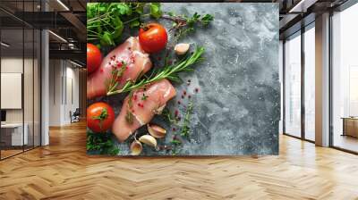 Raw chicken breast fillets with herbs and spices on grey background Wall mural