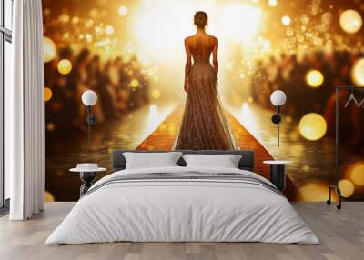 Red carpet hallway, A woman in a long dress is walking down a red carpet in Cinema or Fashion awards, a ceremony for celebrities Wall mural