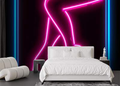 Retro neon sign female legs with pink and blue colours isolated over a black background. Trendy style. Neon sign. Custom neon. Home decor. Wall mural