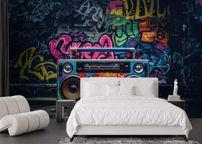 Retro old design ghetto blaster boombox radio cassette tape recorder from 1980s in a grungy graffiti covered room.music blaster Wall mural