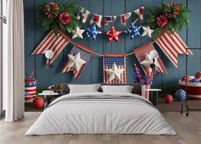 Rustic Banner with Festive Decorations for July Celebration in Hyper-Realistic 3D Visualization Wall mural