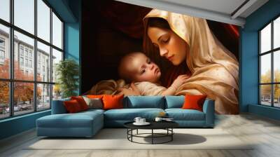 Saint Mary holds the infant Jesus in her arms. Wall mural