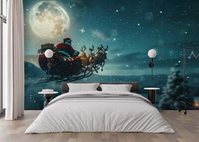 Santa claus flies over snowy mountains with his reindeer sleigh on christmas eve, delivering gifts to children worldwide Wall mural