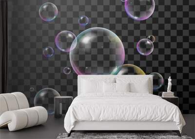 Realistic 3d soap bubbles set with rainbow reflection. Vector illustration. Transparent. Wall mural