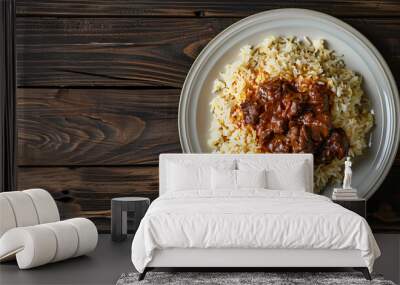 Savory beef stew and white rice served on a rustic table, ideal for lunch or dinner, packed with protein and carbs, with space for text or design Wall mural