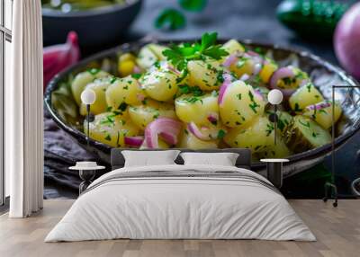 Savory homemade potato salad garnished with fresh parsley and red onions, served in a rustic bowl on a dark tabletop Wall mural