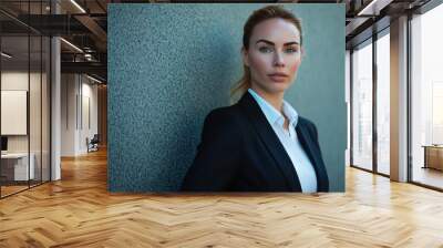 Self-assured female entrepreneur leaning against urban concrete wall, radiating success and professionalism in fashionable outfit outside office building Wall mural