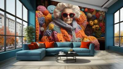 Senior woman sitting on sofa in Hand made knitted clothes. Craft and DIY concept. Wall mural