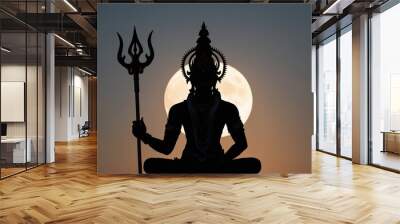 Serene Silhouette of Hindu Deity Holding a Trident Illuminated by the Full Moon Wall mural