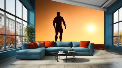 Silhouette of a bodybuilder at sunset in the desert. Grain effect used Wall mural